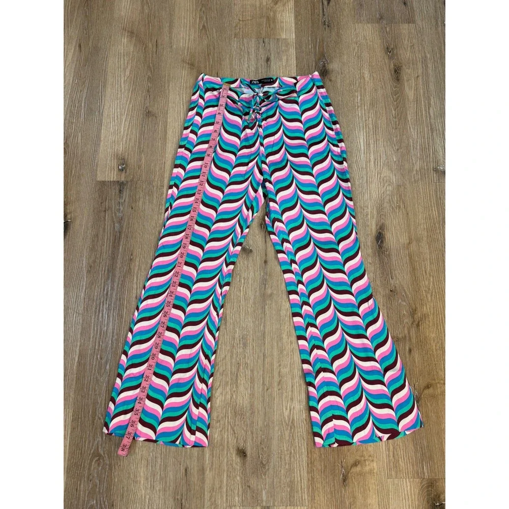 Zara Flare Pants Womens Medium Multicolor Psychedelic‎ Wavy Print Lace Up Retro